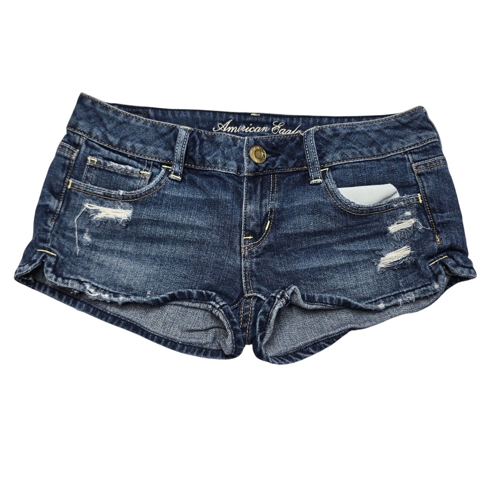 American Eagle Distressed Low Rise Denim Shorts Dark Wash Y2K Womens Size 2